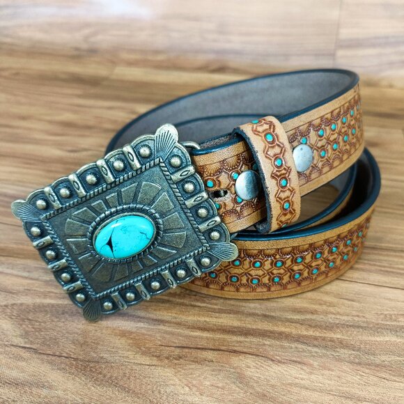 Western Honeycomb Tooled belt, Leather Embossed Belt with Turquoise Dots, Unisex - Picture 4 of 12
